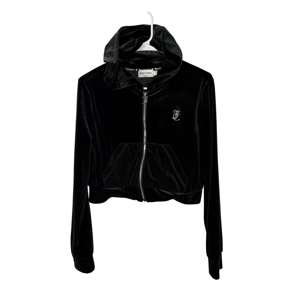 Juicy Couture Black Velour Cropped‎ Zip Up Hoodie Rhinestone Logo Large